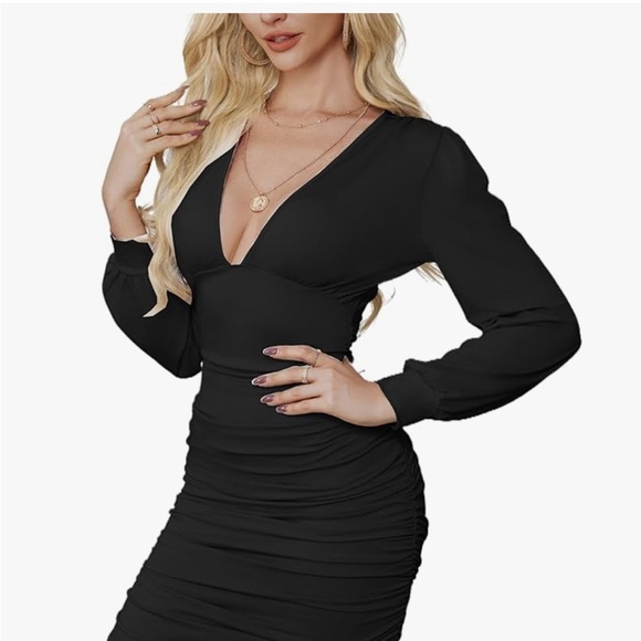 Black Bodycon Dress with Plunge Neckline and Bishop Sleeves - Picture 2 of 8